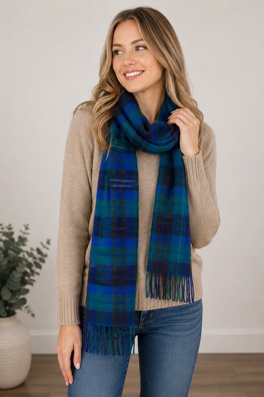 Nordstrom Cashmere Fringe Scarf Navy Peacoat Plaid Blue Green 100% Cashmere NWT